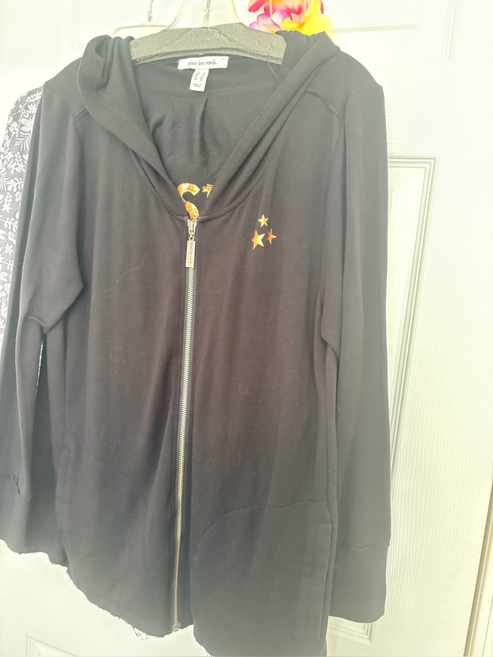 PEACE LOVE WORLD Trust The Universe black hooded jacket sz L NWOT